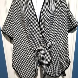 Woman's plus size poncho, wrap around, sweater, acrylic, black & white check.